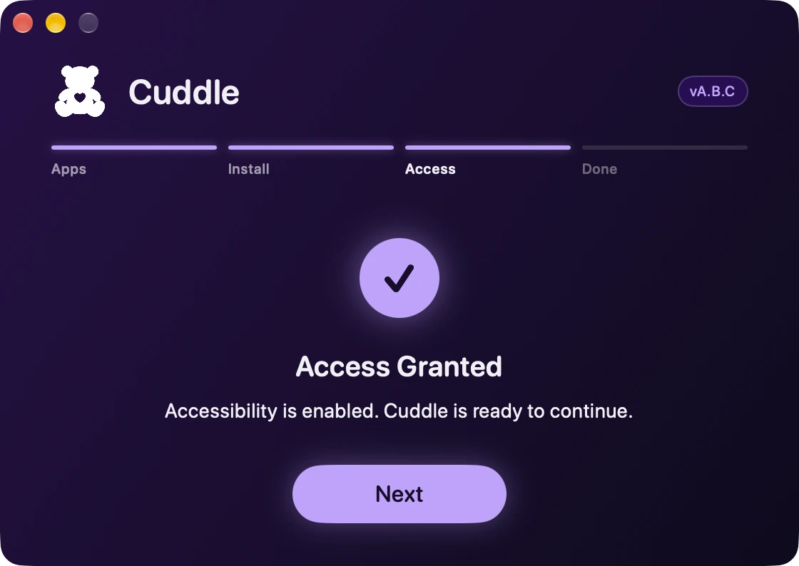The installer showing Access Granted, with a Next button.