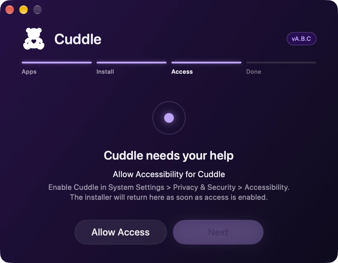 The installer asking you to allow Accessibility for Cuddle, with an Allow Access button.