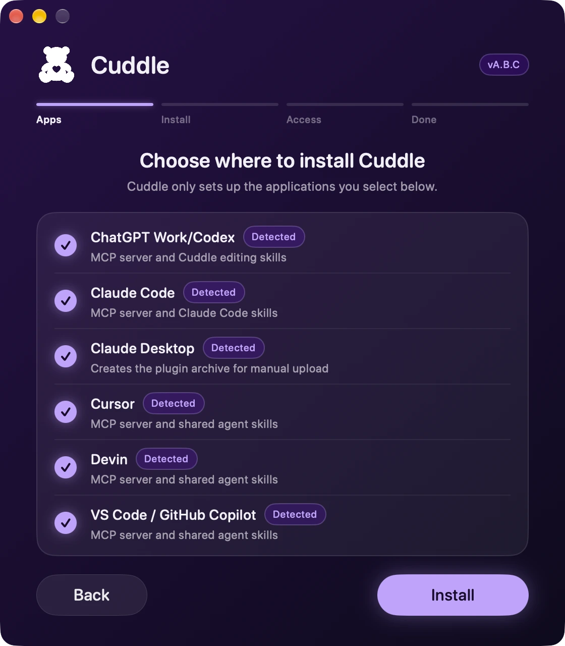 The installer’s app list, with each detected AI app checked and an Install button.