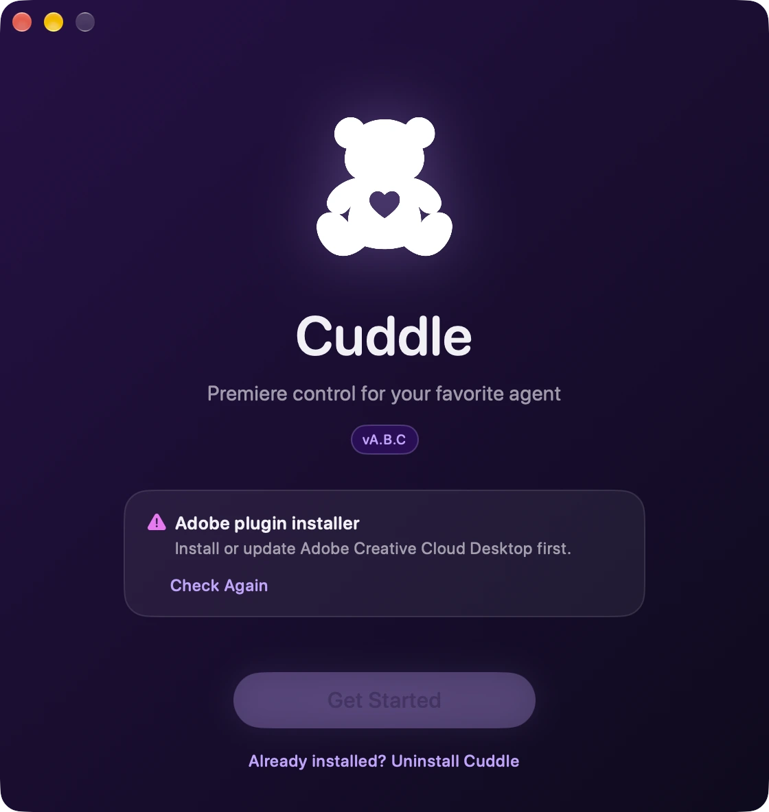 The Cuddle installer’s welcome screen listing a missing Adobe plugin installer, with a Check Again link.