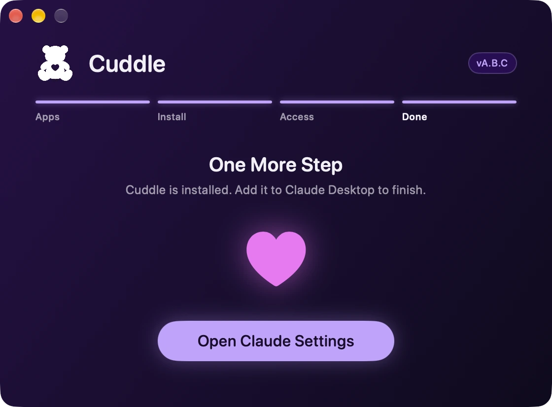 The installer’s One More Step screen with a heart and an Open Claude Settings button.