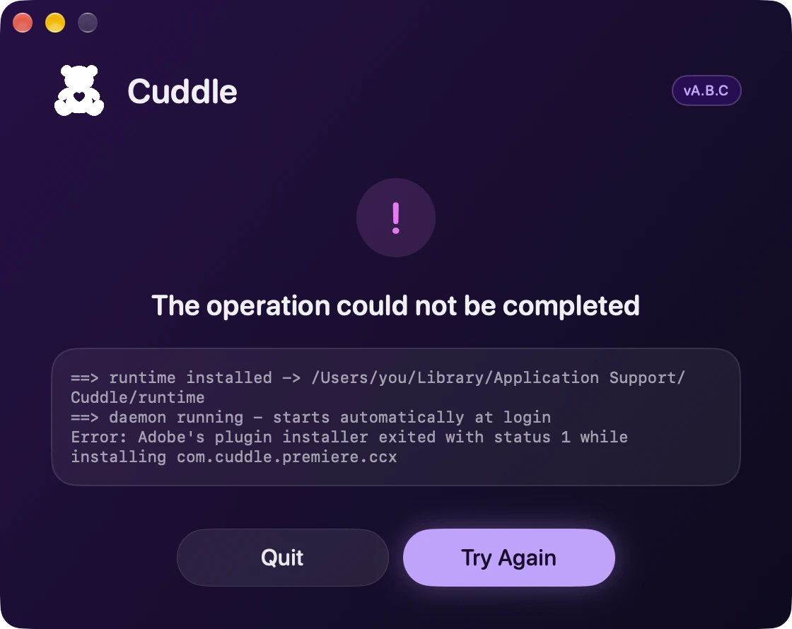 The installer showing The operation could not be completed, with the error details, Quit, and Try Again.