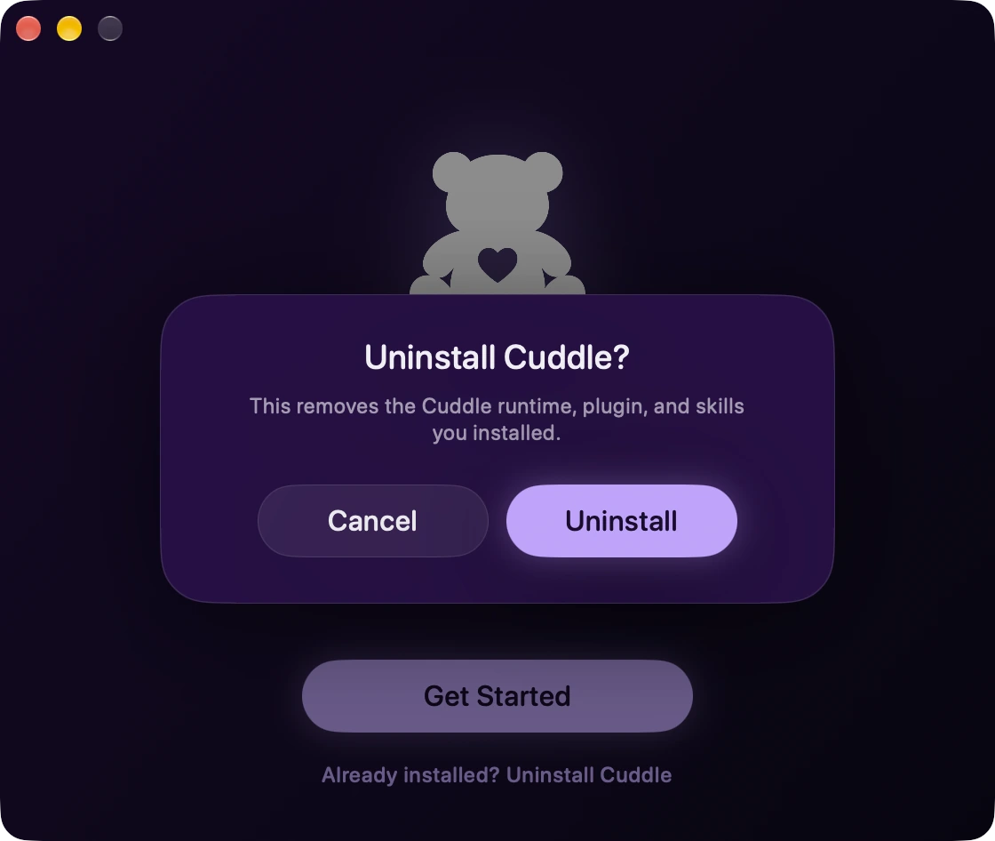 The installer asking Uninstall Cuddle?, with Cancel and Uninstall buttons.