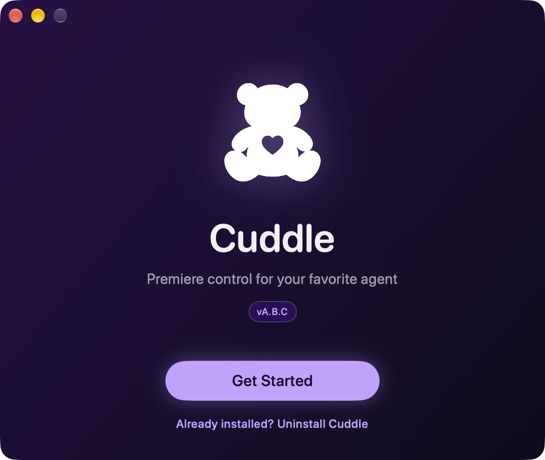 The Cuddle installer’s welcome screen with a Get Started button.