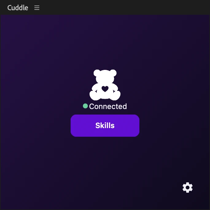 The Cuddle panel in Premiere Pro showing Connected, with a Skills button and a settings gear.