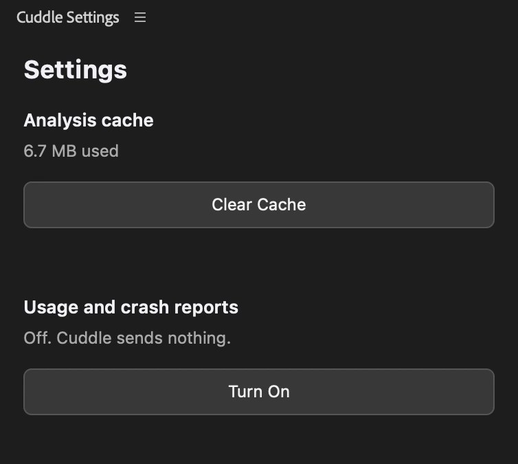 The Cuddle Settings panel with the analysis cache size, Clear Cache, and usage and crash reports.
