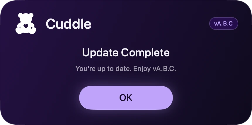Cuddle’s Update Complete window with an OK button.